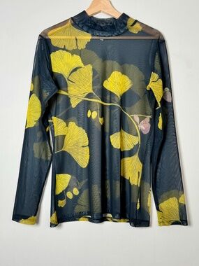 Dauphinette Ginkgo Print Mesh Turtleneck Top Sheer Long Sleeve Sz L